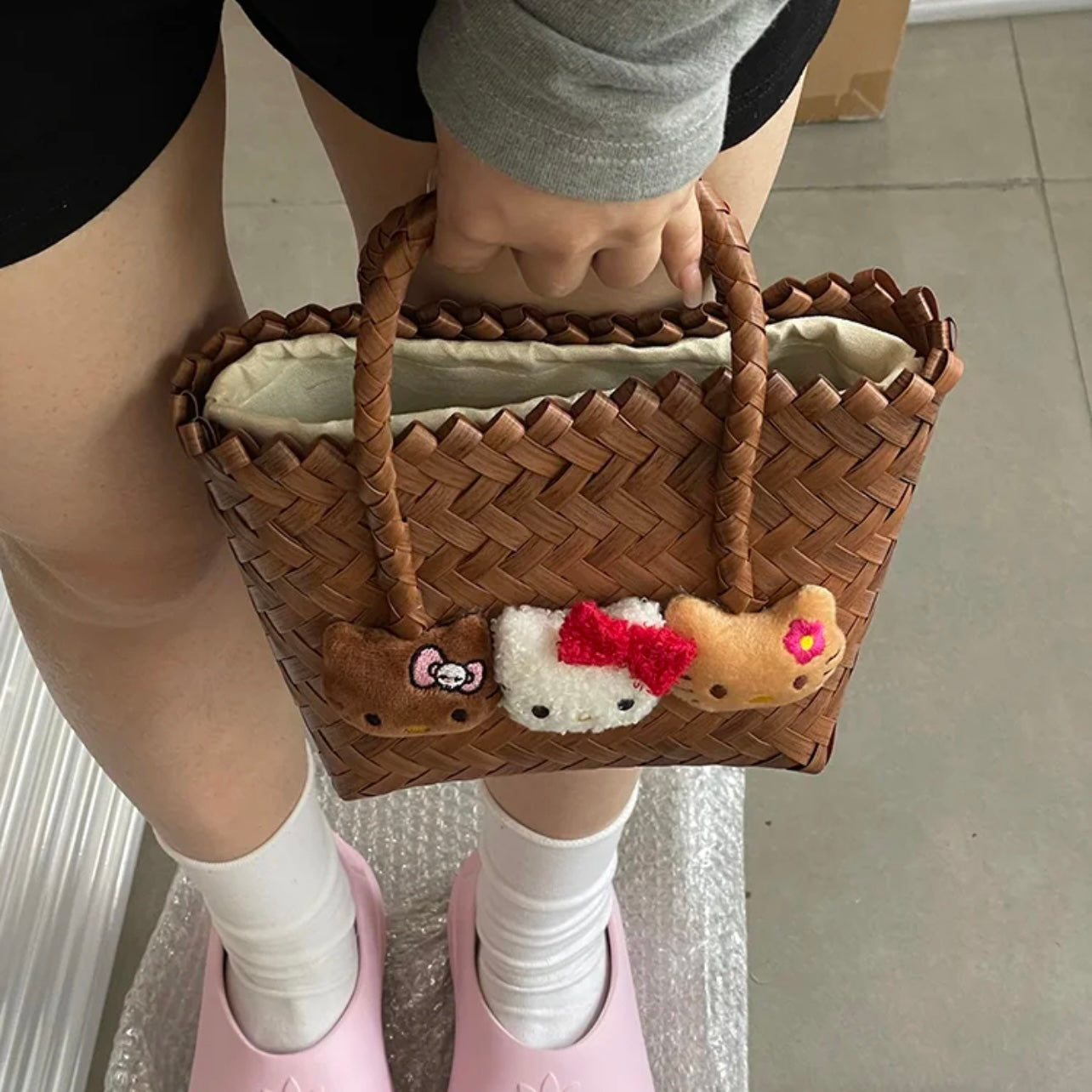 HelloKitty Handmade Faux Wicker Eco-Friendly Bag Tote
